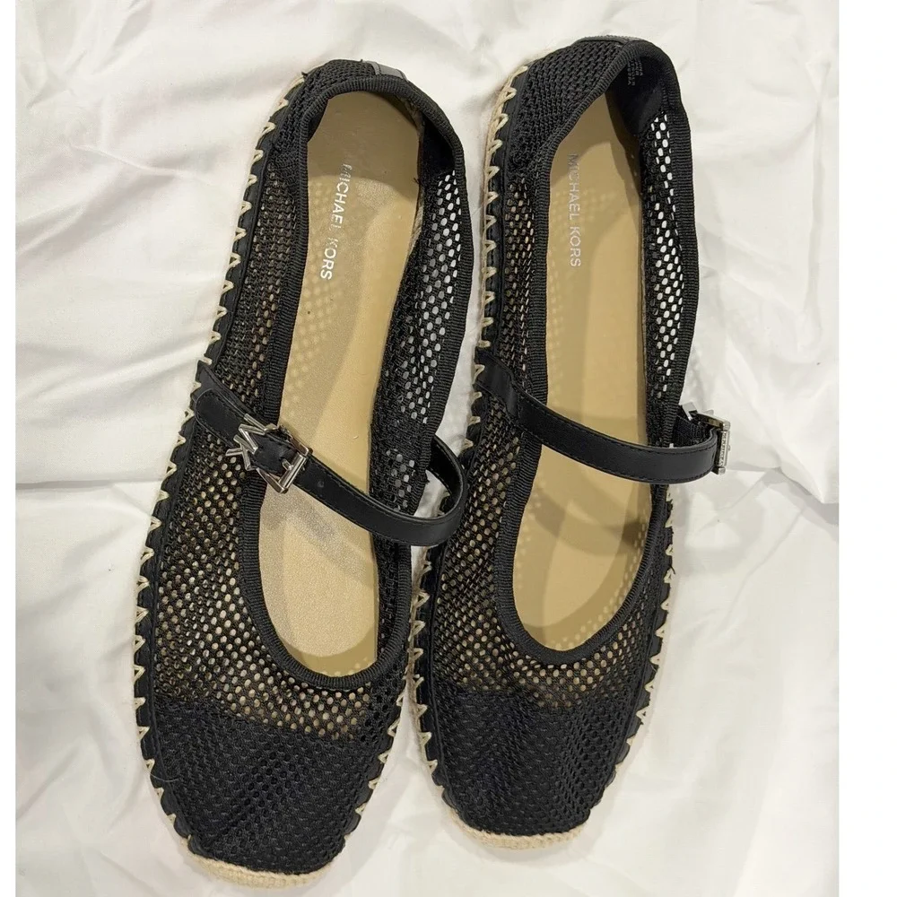 Michael Kors Black Mesh‎ Mary Jane Espadrille Flats MK Logo 10 Resortwear 106-09